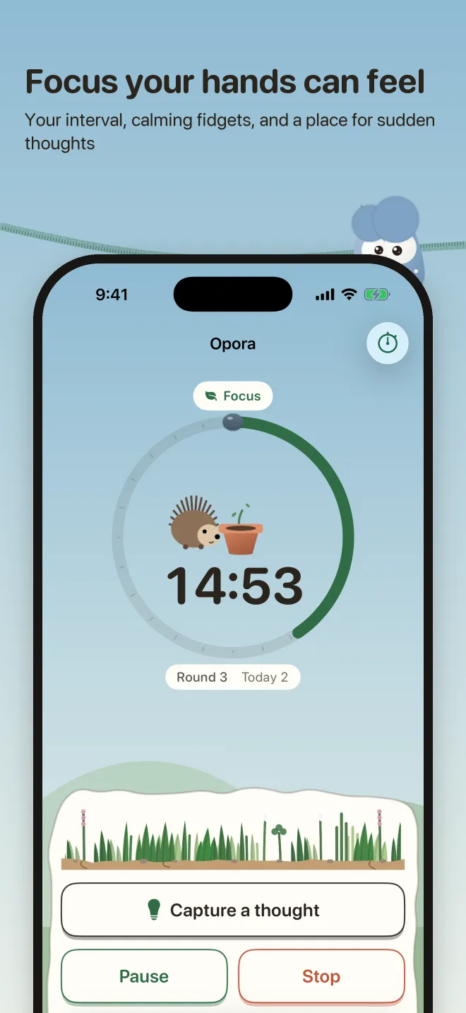 The timer, captioned Focus your hands can feel: 14:53 left on a green ring with the hedgehog in the middle, fidget grass and a Capture a thought button